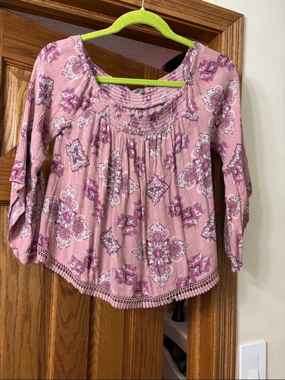 Women's Pink Paisley Smocked-Neck Peasant Top